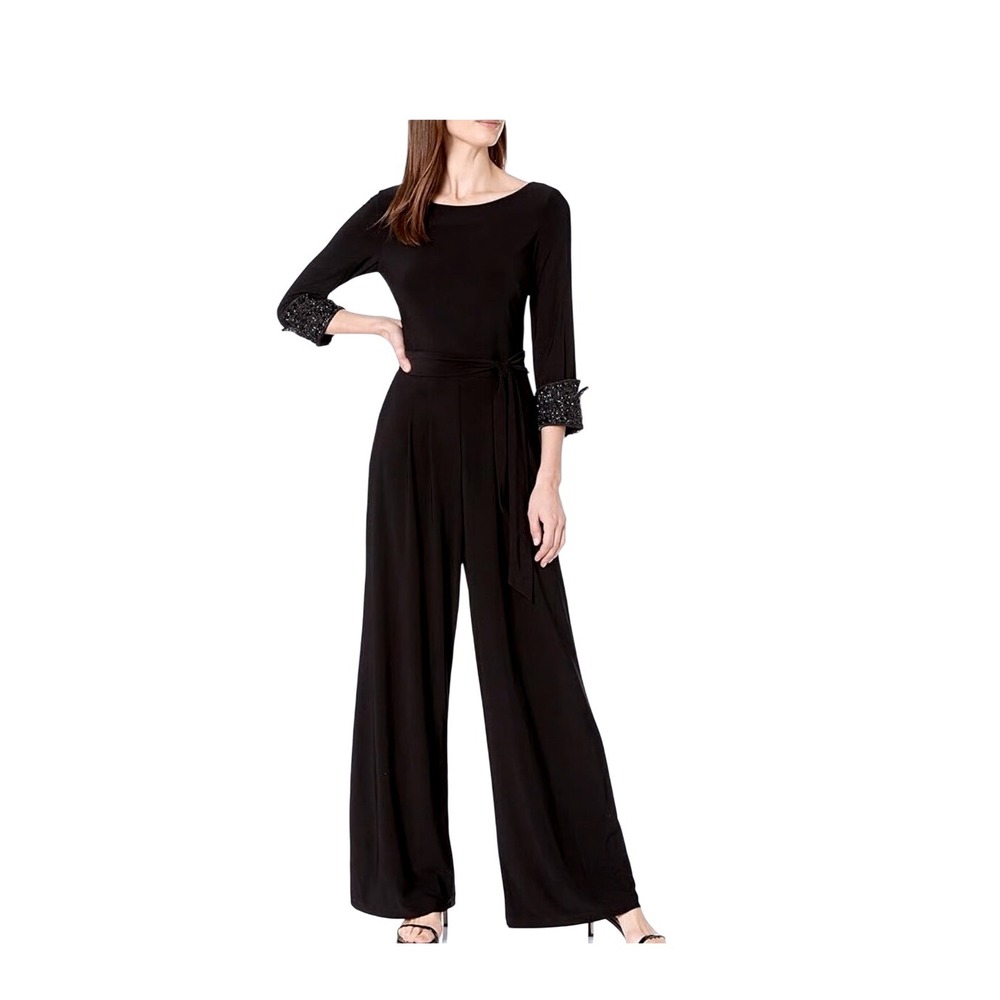 NWT Eliza J Black Party Elegant Sequin Sleeve‎ Wide Leg Jumpsuit Plus Size 16W